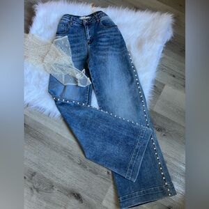 Classic Blue Straight Leg Jeans with Pearl Accents